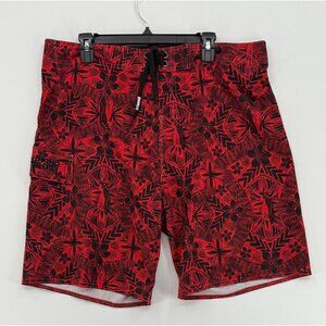 Hinano Tahiti Board Shorts Mens 38 8" Red Floral Hawaiian Swim Trunks